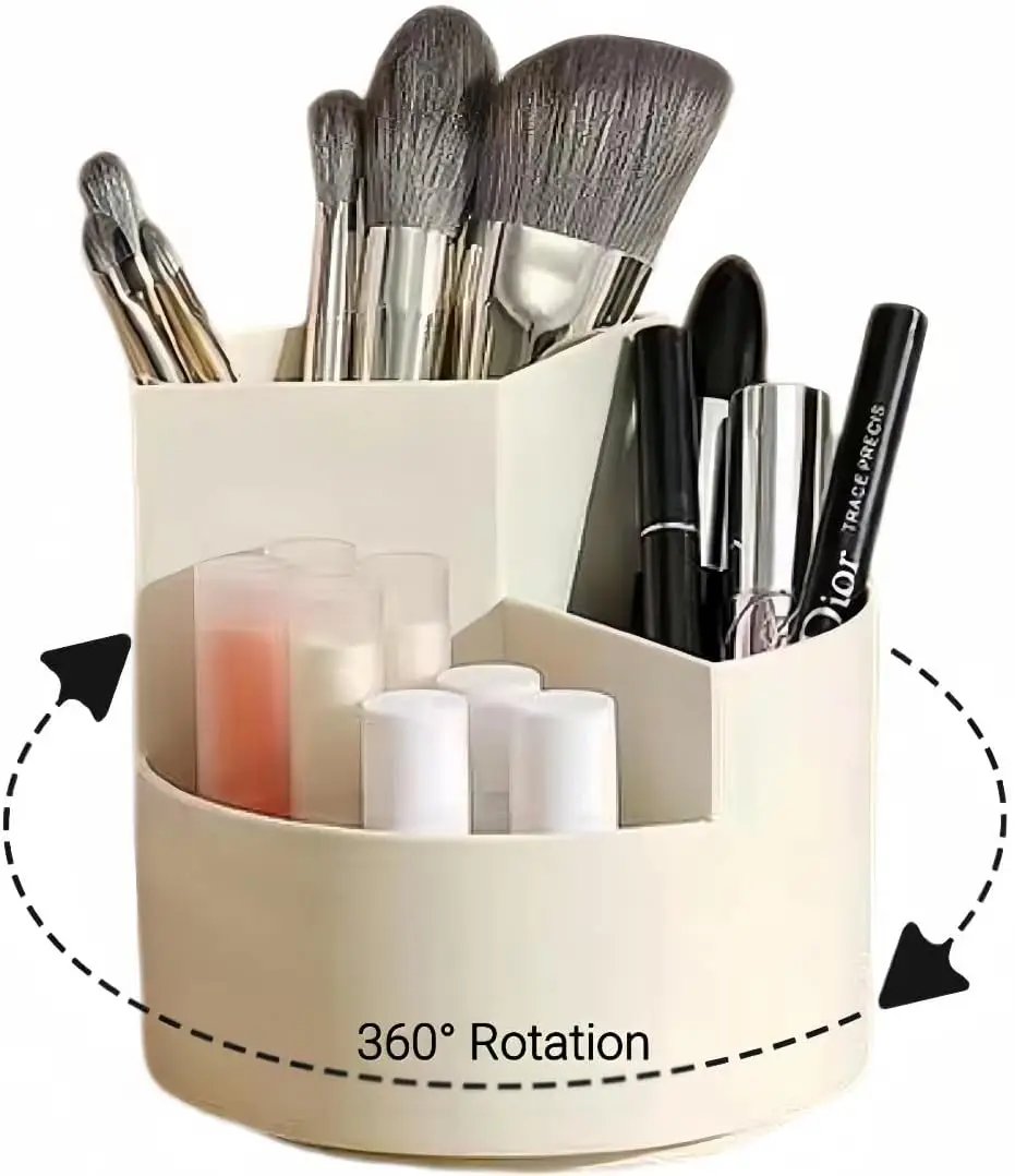 Makeup Organizer 360 Rotating Pencil Pen Holder 3 Slot for Desk Table Vanity Countertops