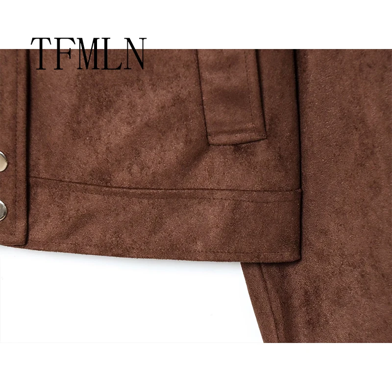 TFMLN Women Fashion Short Suede Jacket Autumn Fashion Long Sleeve Zipper Solid Coat Chic Lady 2025 Streetwear
