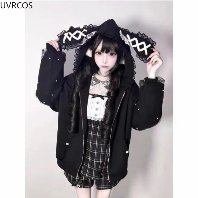 Japanese Gothic Style Y2k Lace Bunny Hooded Coat Women Sweet