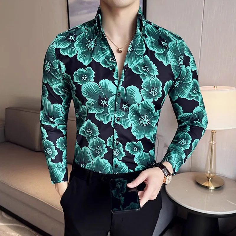 Luxury Long Sleeved Flower Printed Shirt for Men Korean V-Neck Slim Fit Men's Tuxedo Shirts Plus Size Prom Floral Men Clothing