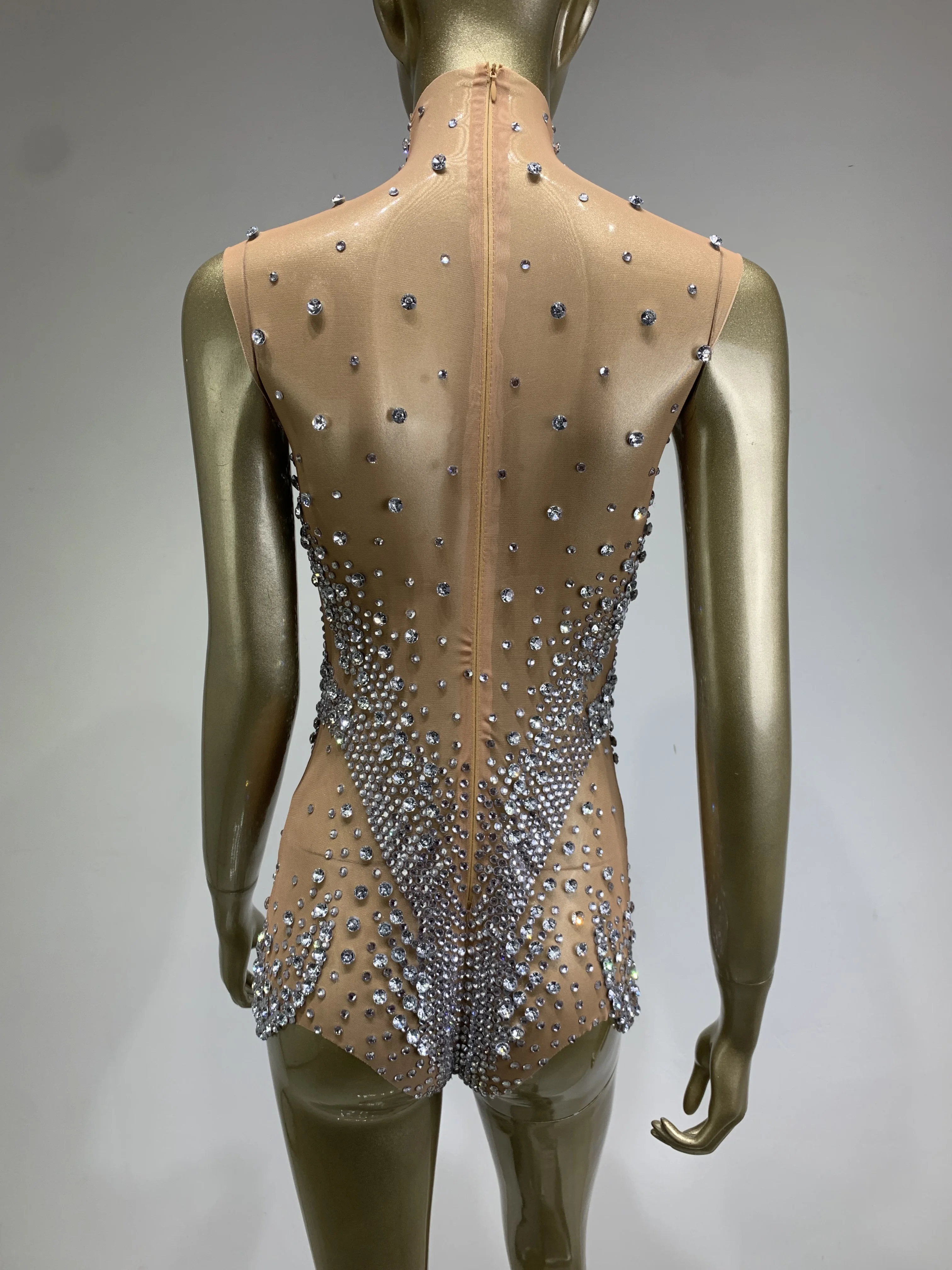 Women Sexy Sparkly Silvery Rhinestones Mesh Stretch Bodysuit Performance Dance Costume Nightclub Party Singer Dancer Stage Wear