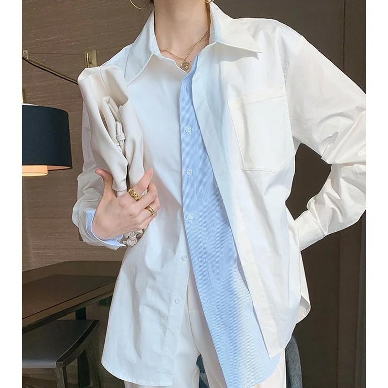 

Women Plus Size Vintage Casual Long Sleeve T-Shirt 2021 New Fake 2 Pics Patchwork Stripe Spring Tops White Blue Solid Streetwear