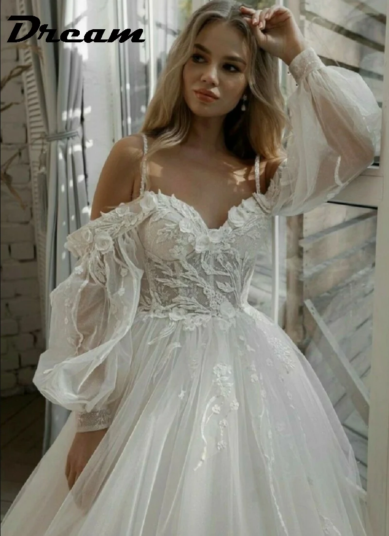 DREAM-Vestidos De Novia De tul con purpurina y encaje, traje bohemio con hombros descubiertos, manga larga abullonada, flores 3D, 2024