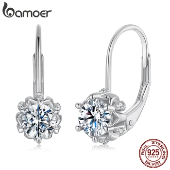 BAMOER Platinum Plated Moissanite Flower Earrings for Women, Round Cut Lab Diamond 925 Sterling Silver Hypoallergenic Earrings