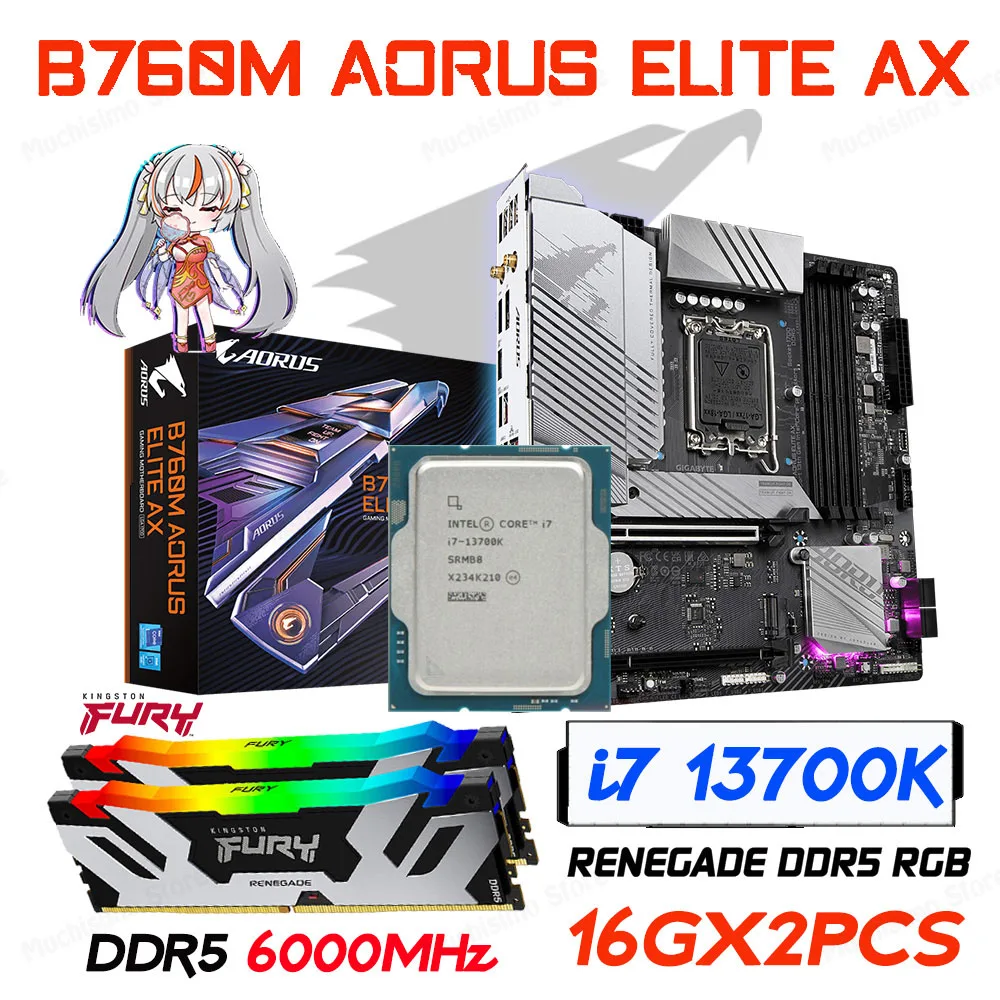 

Intel B760 Motherboard Suit GIGABYTE B760M AORUS ELITE AX DDR5 LGA 1700 Mainboard With i7 13700K CPU Kingston 6000MHz 32GB RGB