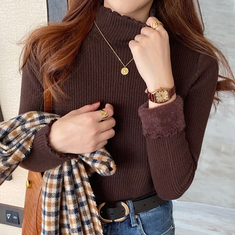 가을 겨울 여성 프릴 모의 목 스웨터 여성을위한 두꺼운 양털 따뜻한 열 풀오버 캐시미어 스웨터 2023