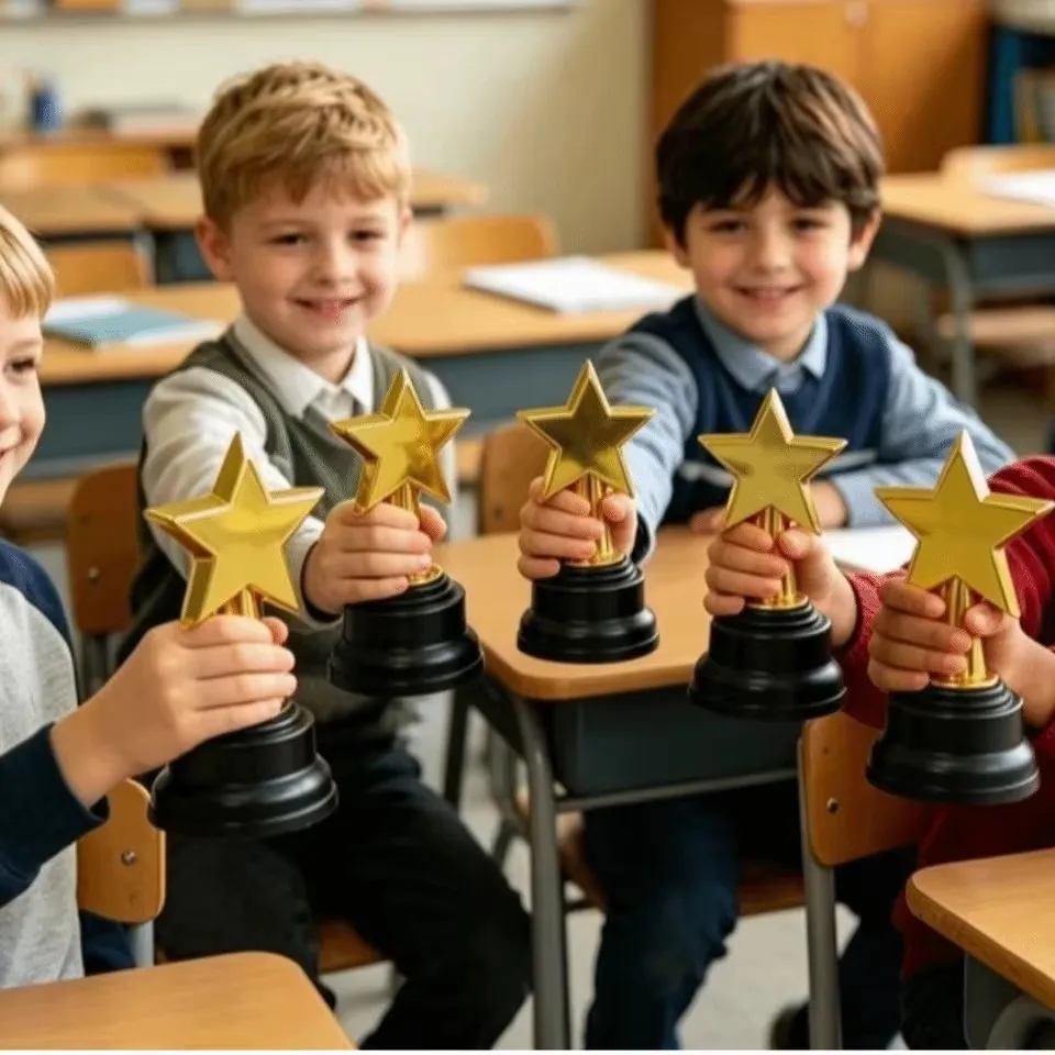 Set of 6 Gold Star Trophies with Large Base for Celebrations & Recognition