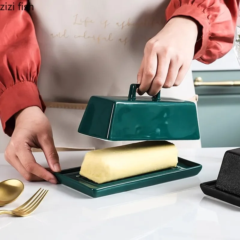 Solid Color Ceramic Butter Dish With Lid Creative Cheese Plate Butter Plate Dessert Dim Sum Household Tableware