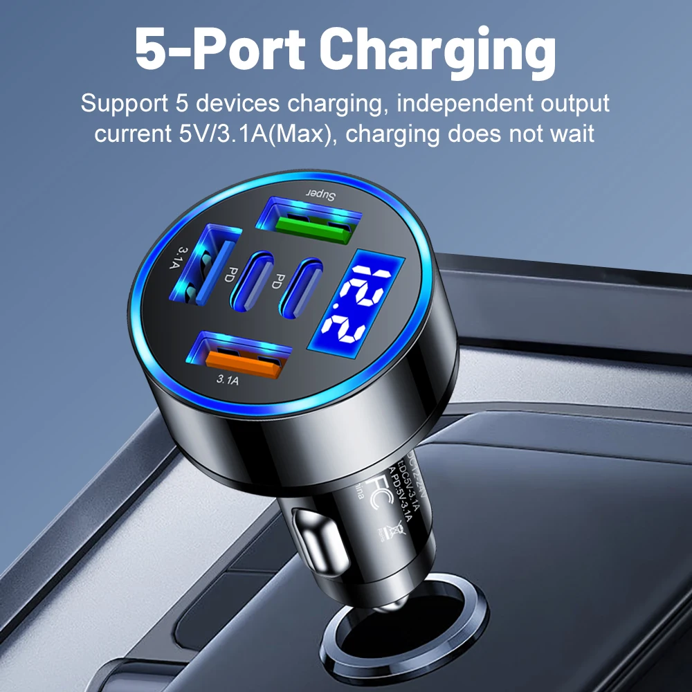 100W 5 Ports Car Charger Fast Charging PD QC3.0 USB C Car Phone Charger Type C Adapter in Car For iPhone Samsung Huawei Xiaomi