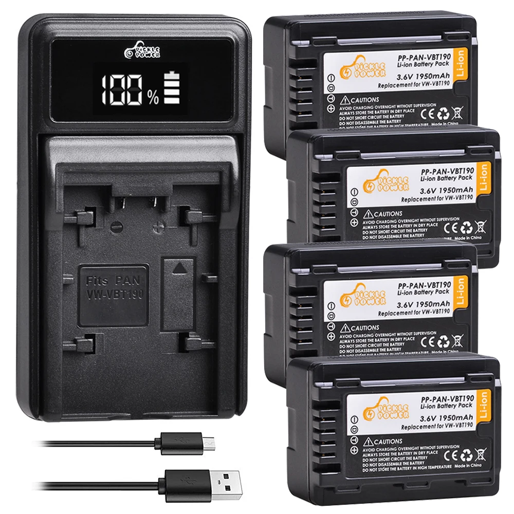 Pickle Power 1950mAh VW-VBT190 Battery+ LED USB Charger for Panasonic HC-V210,HC-V250,HC-V380,HC-V510,HC-V520,HC-V550,HC-V710