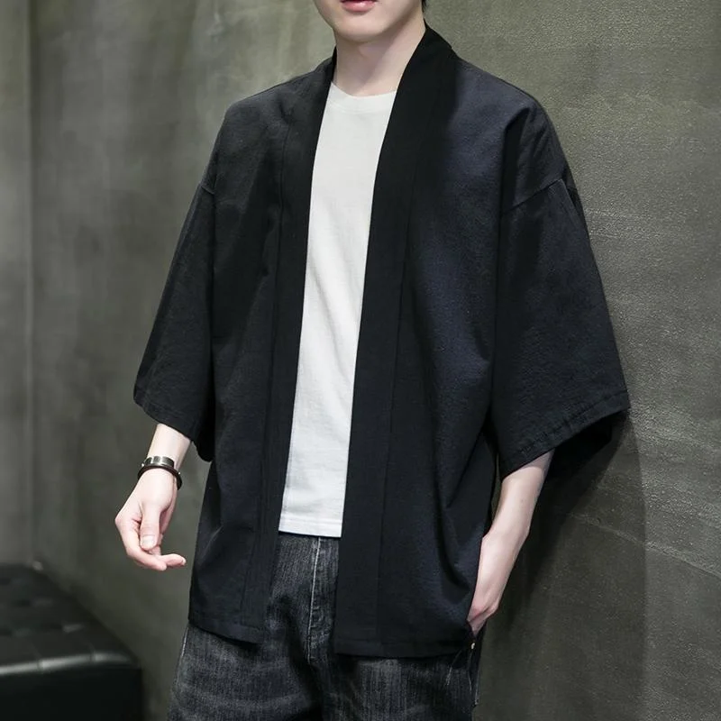 Kimono Solid Color T-shirt 3/4 Sleeve Open Front Cardigan Shirt Tops Asian Cloth Streetwear Men's Loose Coat