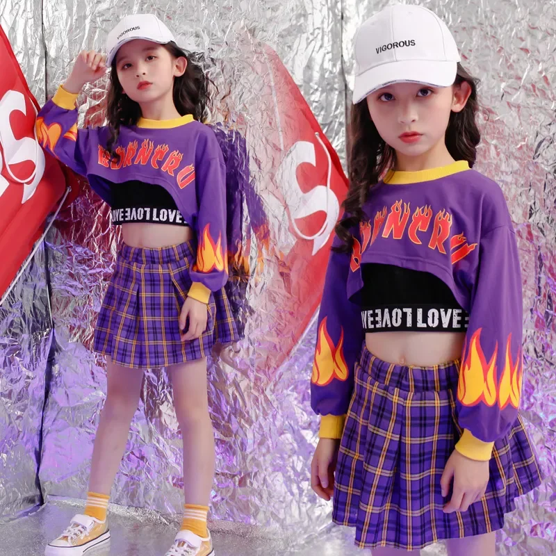 

Dance Costume Ballroom Dancing Clothes Wear Kid Hip Hop Clothing Cropped Casual Shirt Sweatshirt Tops Grid Skirt for Girls Jazz