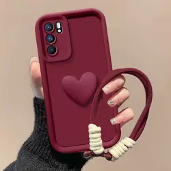 Love Heart Hand Strap Full Package Protective Phone Case - OPPO Reno6 (4G) (Wine)