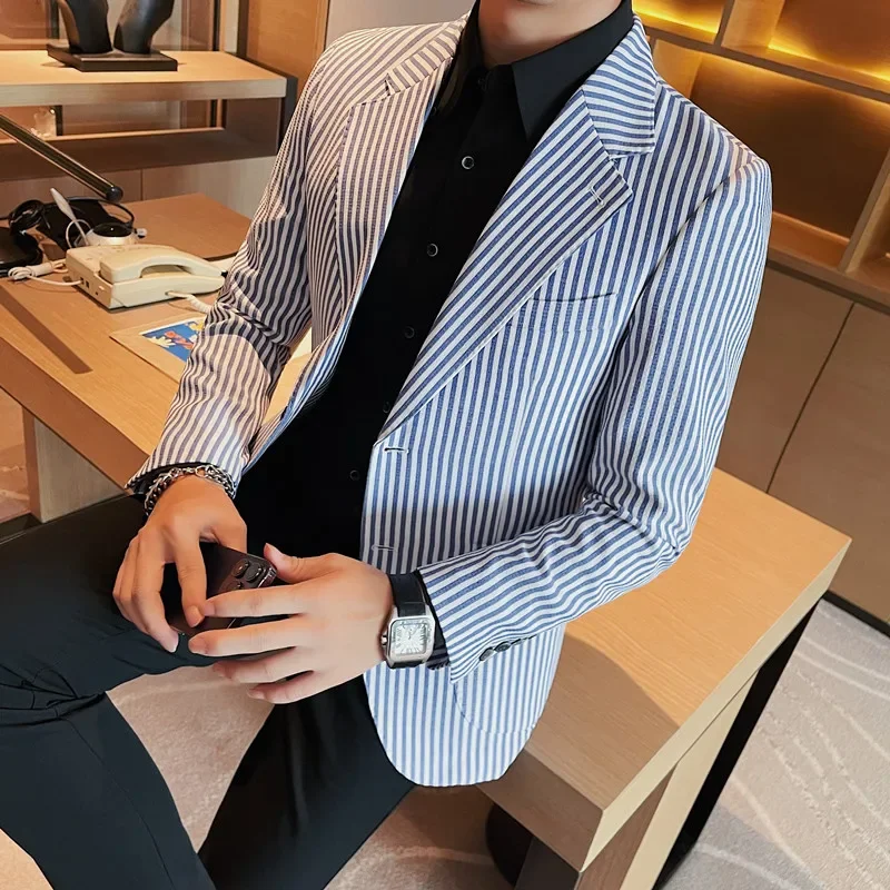 

High Quality Autumn Striped Suit Jacket for Men Fashion Slim Fit Casual Business Blazers Masculino Wedding Social Men Clothing