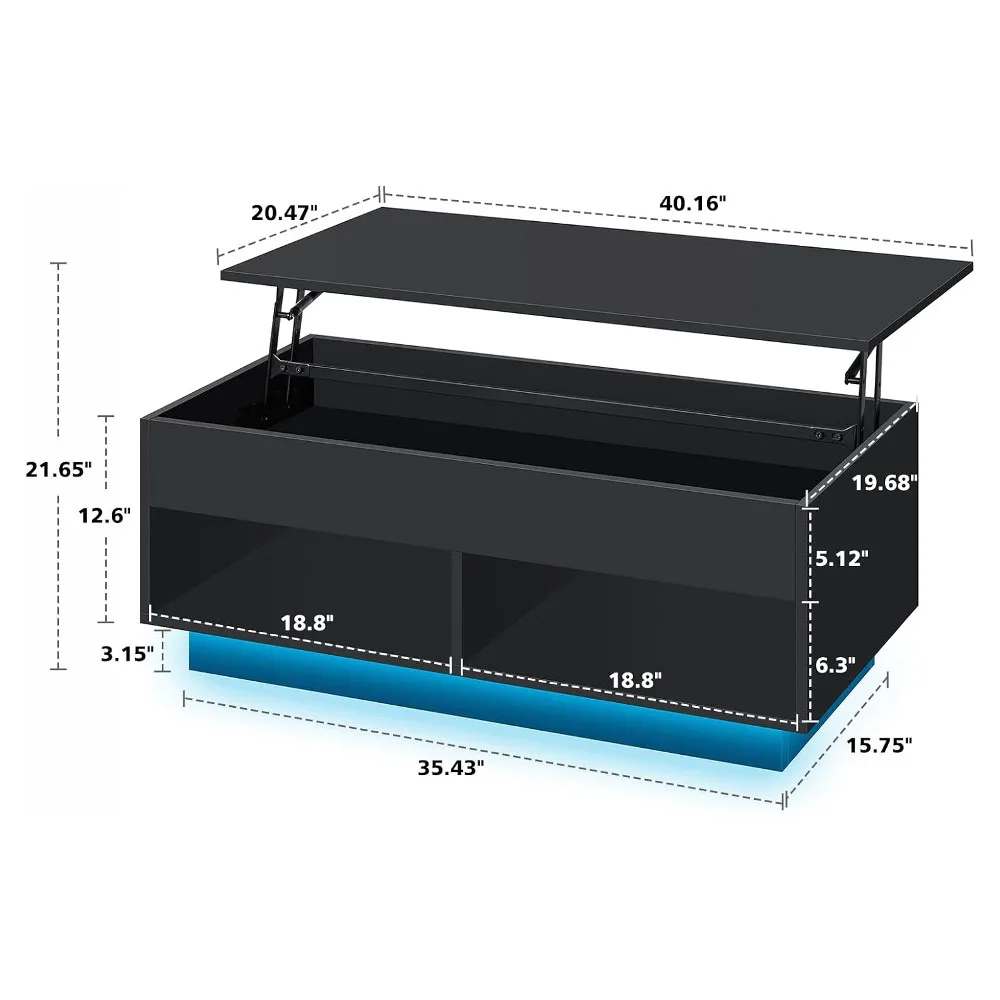 40" Modern LED Coffee Table with Storage for Living Room, Lift Top Coffee Table with 2 Shelves, High Glossy Wooden Dining Table