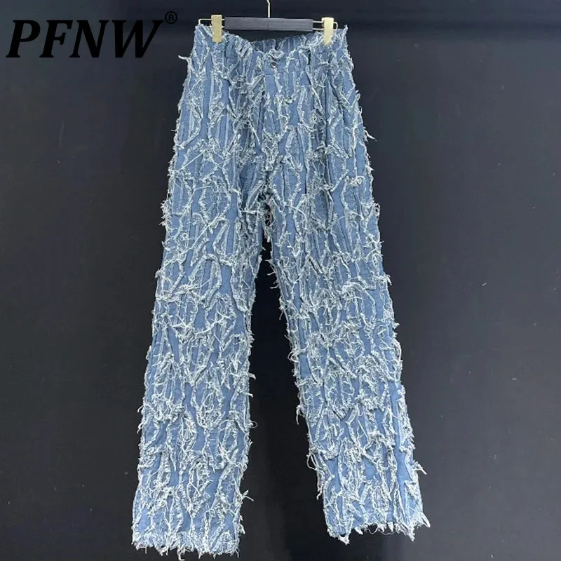 

PFNW Autumn Men's Niche Design Wearproof Jeans Straight Fur Edge Fashion Sports Outdoor Cool High Quality Denim Trousers 21Z1127