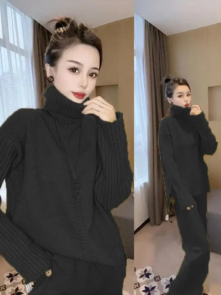 Casual Soft Turtleneck Pullover Sweater 2 Piece Set Korean Knitwear Pull Sweater Top Conjunto Baggy Wide Leg Knitted Pant Outfit