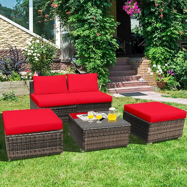 outdoor rattan wicker 5-piece chaise lounge set with ottoman and coffee table for daybed conversations 2