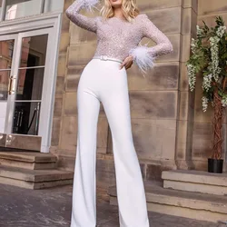 Women Jumpsuits Elegant Jumpsuits Sequins Feather Patchwork Jumpsuits Women High Waist Long Sleeves O-Neck Wide Leg Jumpsuits