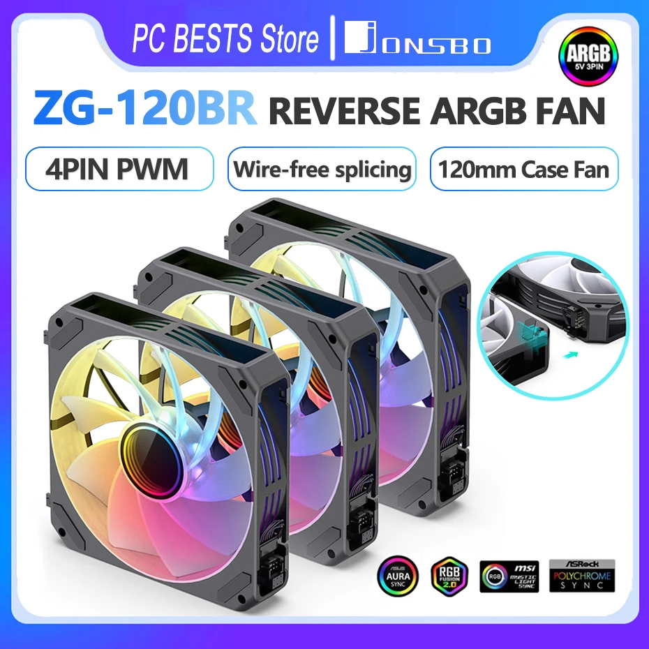 

Jonsbo ZG-120 ZG-120BR Reverse Case Fan Wire-free Splicing Side Light Guide 5V ARGB PWM 120mm CPU Cooling Fan