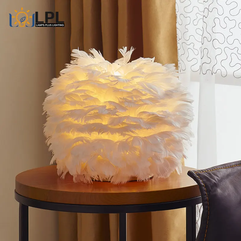 

Creative Feather Drum Table Lamp Elegant Desk Night Light Desk Fashion Modern Living Room Lighting Night Feather Light E27