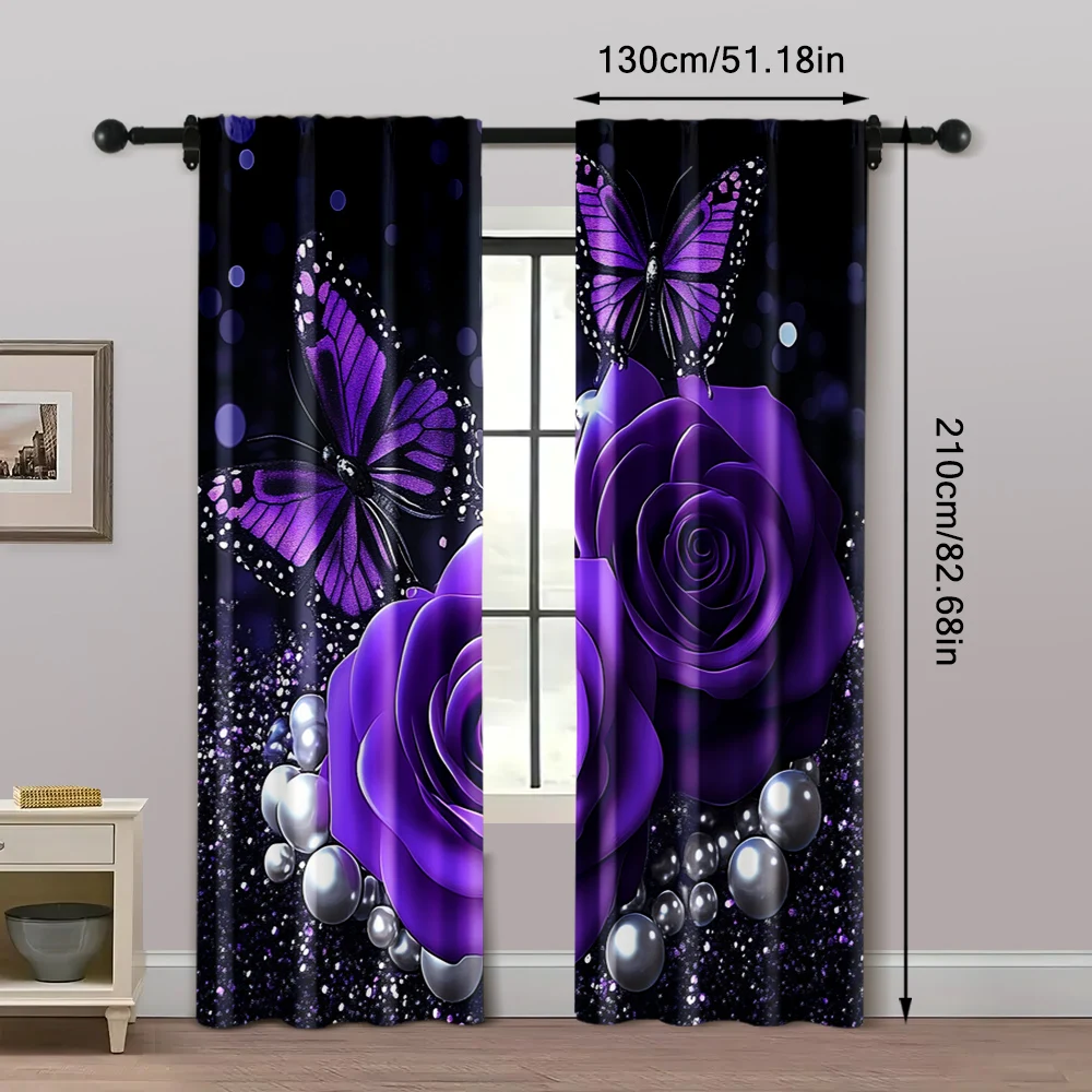 2pcs, Curtains Purple Rose Butterfly Flower Romantic Valentine's Day Blackout Polyester Versatile Applies to Holiday Decorations 5