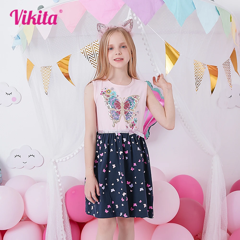 

VIKITA Girls Butterfly Sequined Appliqued Dress Kids Cotton Casual Daily School Party Sleeveless Summer Dress Children Clothing