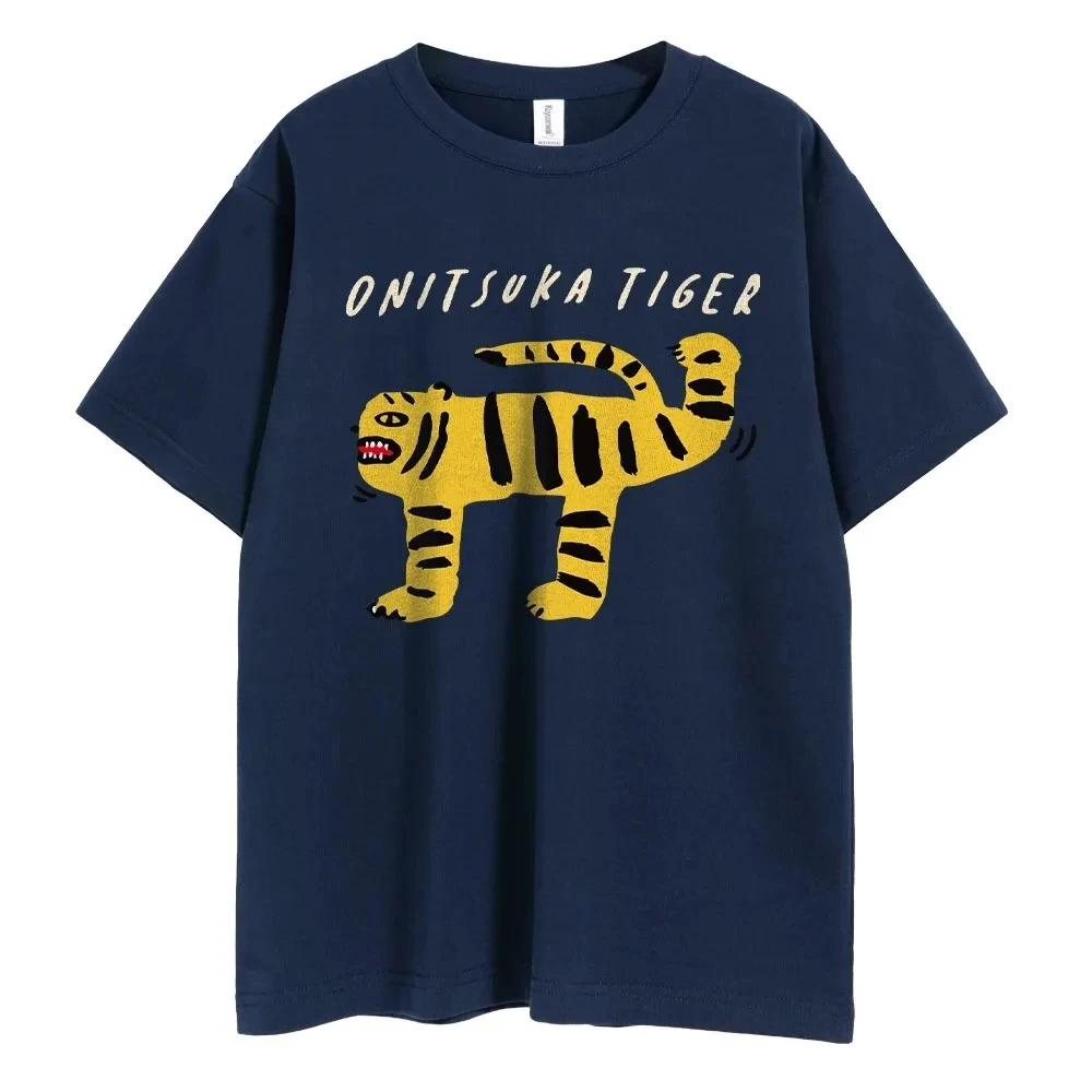 Onitsuka 호랑이 만화 인쇄 남성 하라주쿠 재미있는 티셔츠, 오버사이즈 Y2k 그래픽 티, 여성 상의, 패션 스트리트웨어 