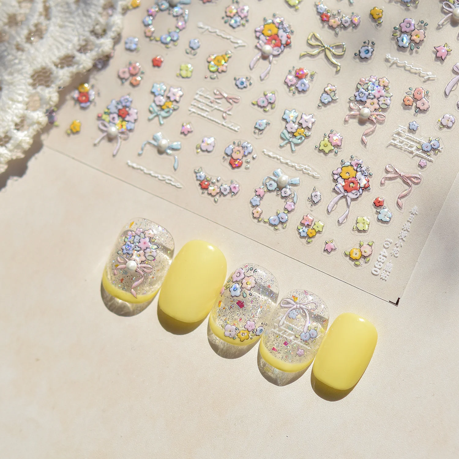 5D Photo Frame Geometric Border Bowknot Relief Adhesive Nail Art Stickers Manicure Decals Hot Stamping Tulip Flowers