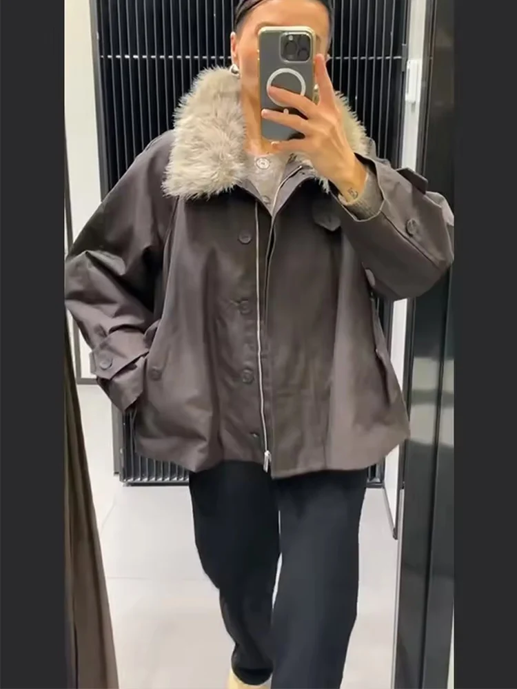 Women Waterproof Jacket 2025 New Autumn Winter Fashion Faux Fur Collar Long Sleeve Coat Female High Street Casual Outerwear
