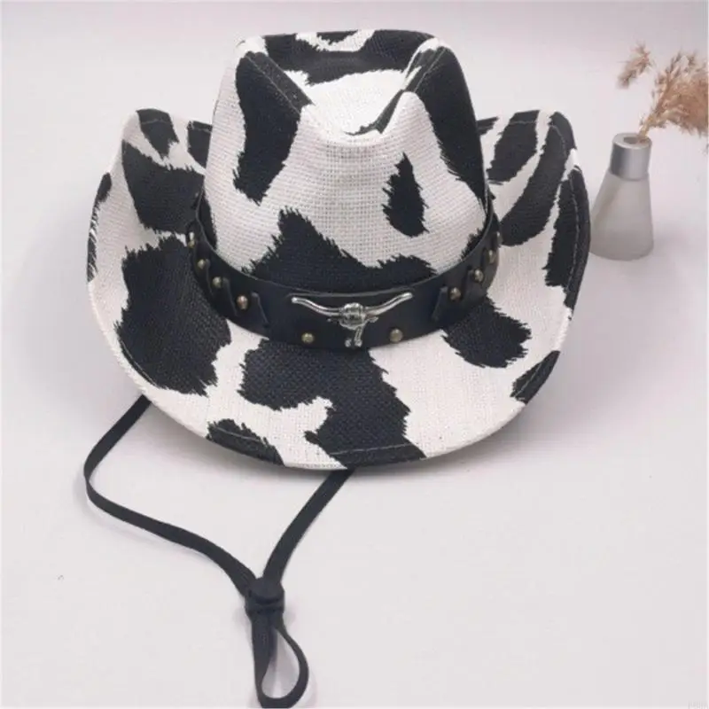 P88A Ethnic Straw Hat Rolled Brims Hat Cowboy for Stage Performances