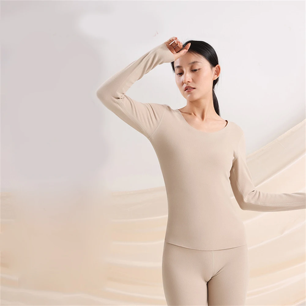 Women Seamless Thermal Underwear Suit Plus Velvet Bottoming Lingerie Slim Large Size O-Neck Long-sleeved Trousers Two-piece Set