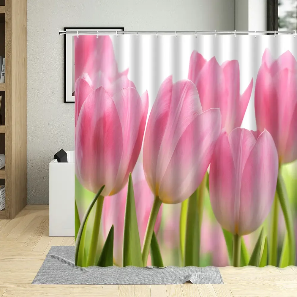 

Pink Tulip Floral Plant Bathroom Decor Curtains Colorful Flower Printing Waterproof Polyester Fabric Shower Curtain With Hooks