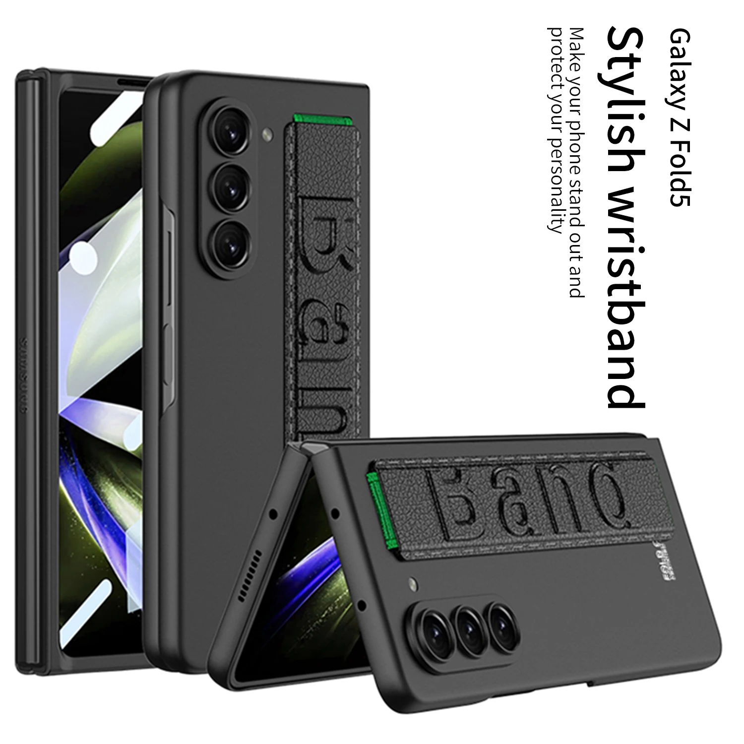 

For Samsung Galaxy Z Fold 5 Case Ultra Thin Matte Wrist Strap With Tempered Film Folding All Inclusive Shockproof Hard Back Case