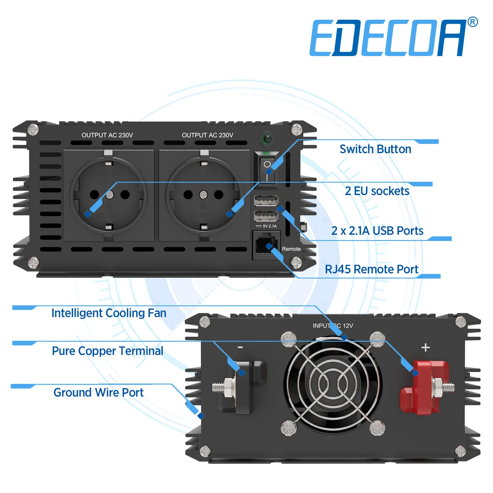 EDECOA 2500W reine sinus welle power inverter DC 12V 24V zu