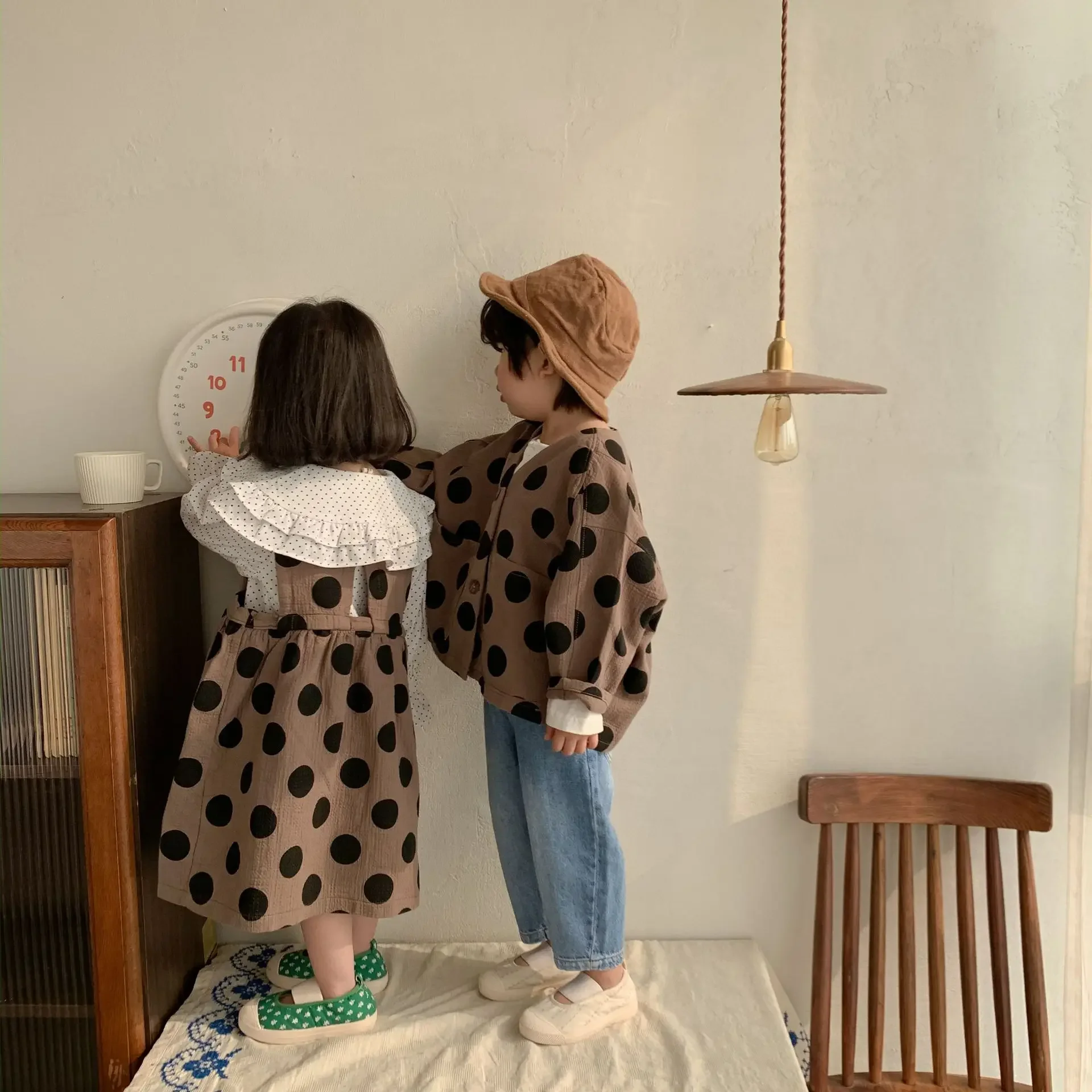 Spring korean style oversized dot long sleeve cardigans Boys casual loose cotton linen jackets coats