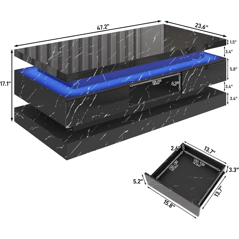 LED Coffee Table Modern High Glossy 47.2 Inch with Sliding Drawers, Double-Layer Center Table, LED Lights for Living Room Decor