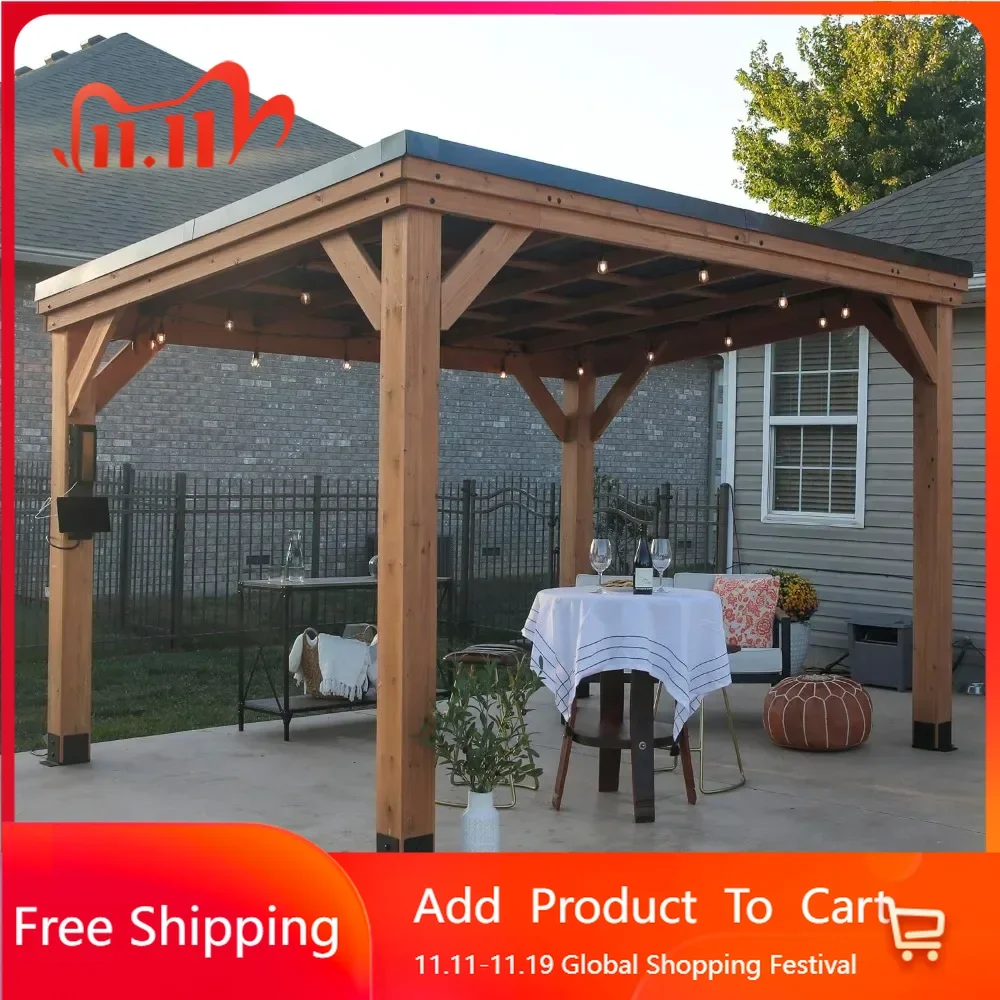 12 x 9.5 All Cedar Wooden Gazebo Pavilion Hard Top Steel Slope Roof Supports Snow Loads and Wind Speed Rot Resistant