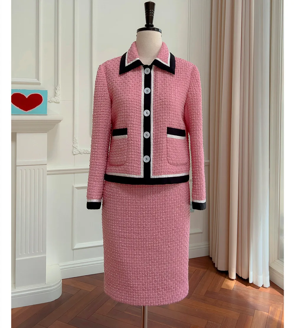 

2022 Autumn Winter Elegant Women's High Quality Pink Tweed Jackets + Skirts B628