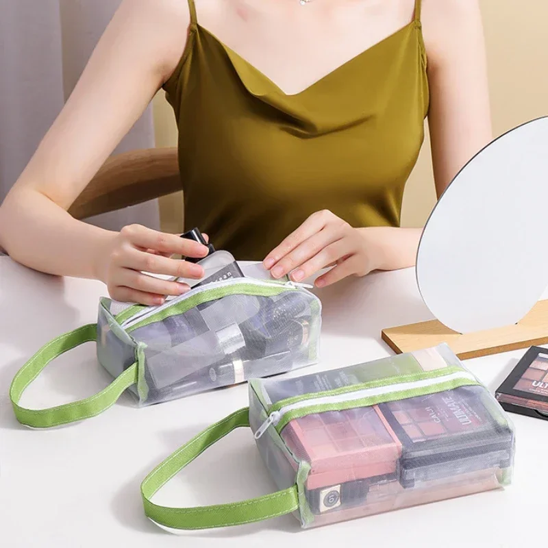 Transparent Nylon Mesh Cosmetic Bag Women Travel Portable Wash Bag Skincare Storage Make Up Pouch Large Capacity Pencil Bag