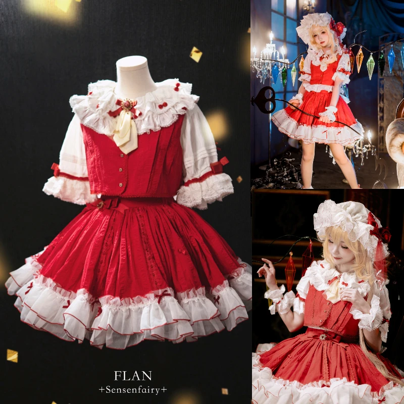 Touhou Project Flandre 스칼렛 원피스 코스프레 코스튬 코스프레, 애니메이션 파티 유니폼, 할로윈 역할 놀이 의류