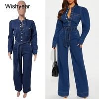 Fashion Winter Blue Stretch Denim Wide-leg Pants Jumpsuits With Bandage Woman Long Sleeves Single Breasted Street Jeans Rompers