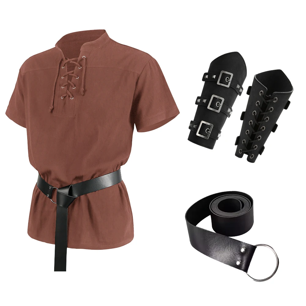 thumbnail image 1 of piezas de blusa renacentista para hombre, traje de cosplay vikingo medieval con protector de brazos de piel sintética, camisas vikingas, traje de fiesta de carnaval de Halloween, 1 of 5