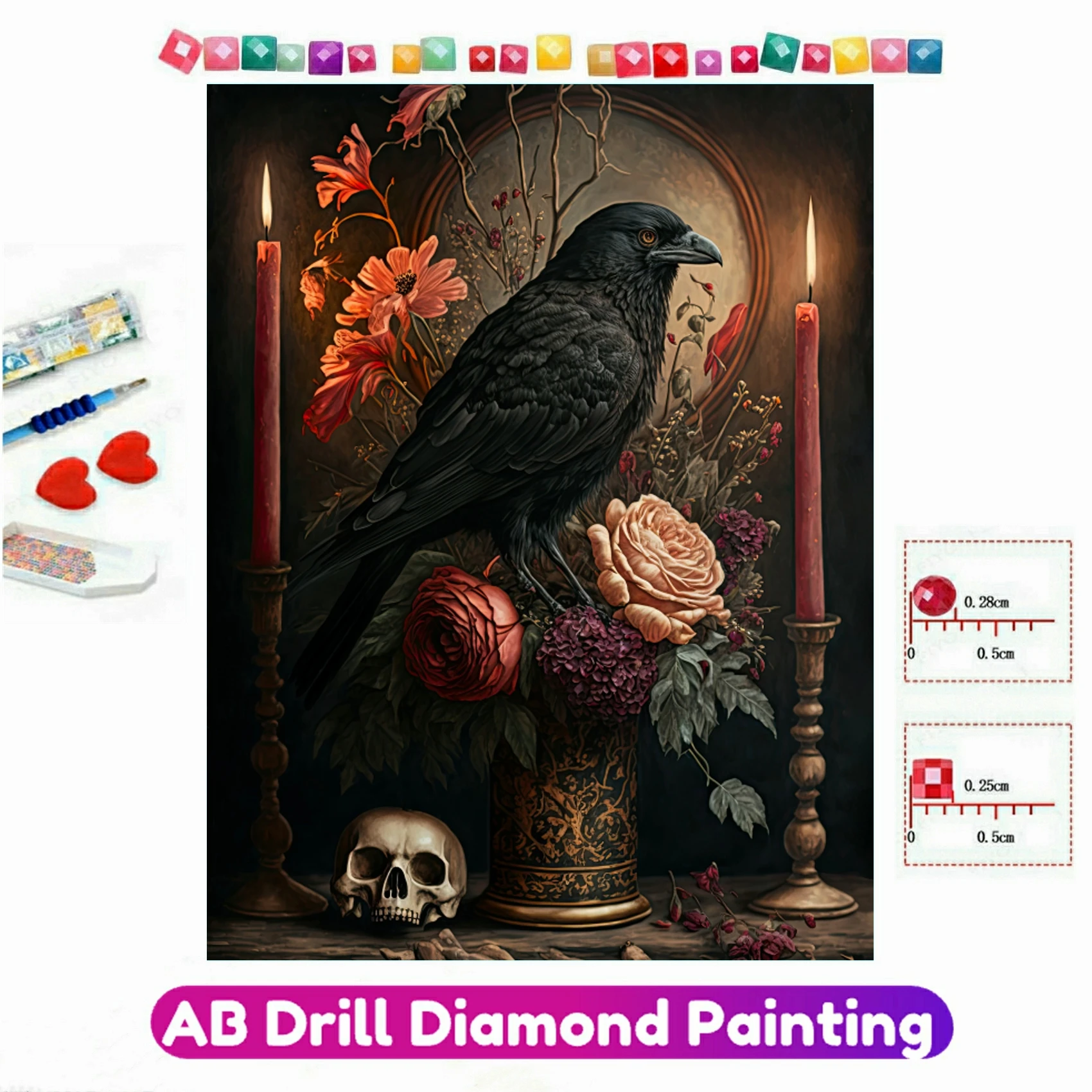 Gothic Crow Raven Skull Flowers 5D Ab Trapani Pittura Diamante Ricamo A Mosaico Fatto A Mano 5D Kit Punto Croce Fai Da Te Decorazioni Per La Casa
