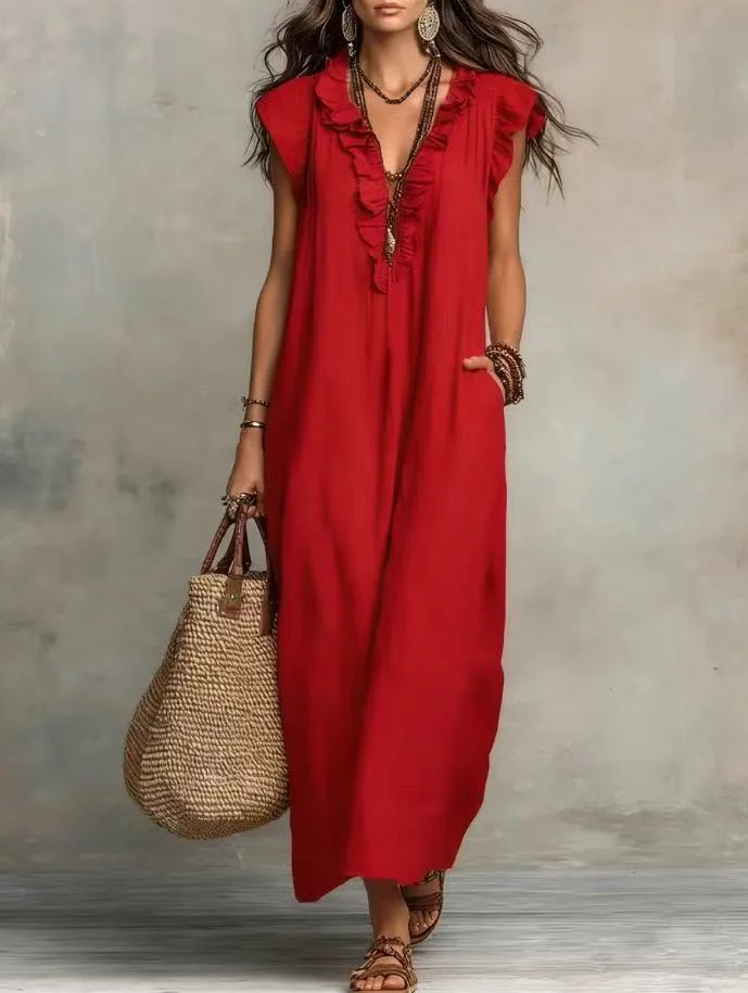 Women Boho Cotton Linen Ruffle V Neck Long Dresse - Image 6