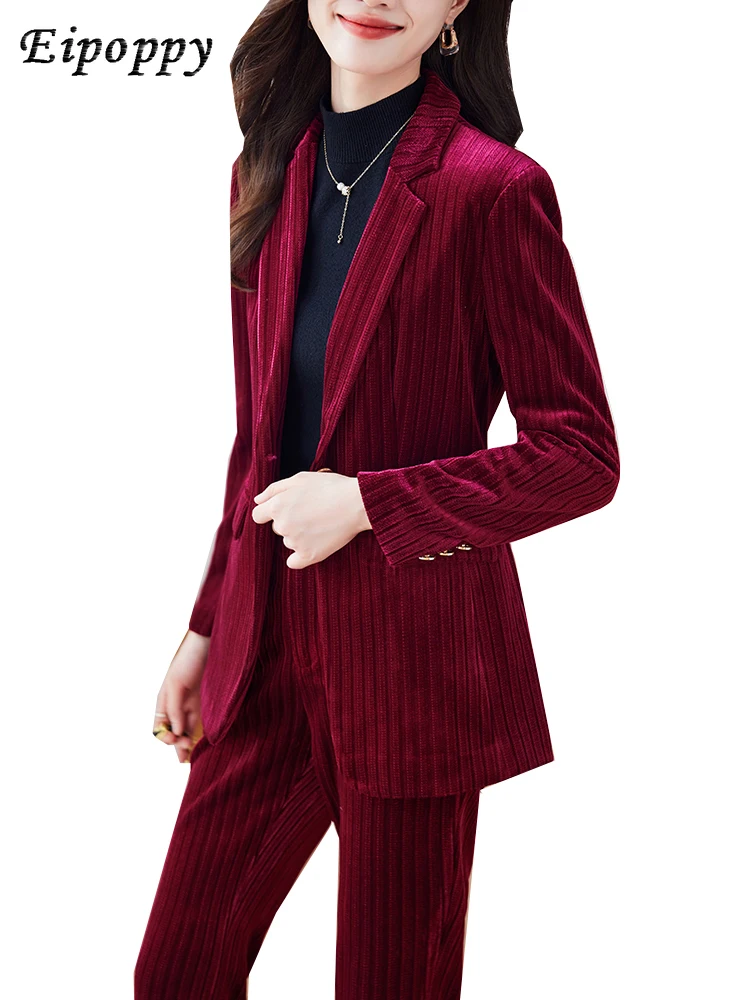

Blue Red Striped Autumn Winter Women Pant Suit Blazer Ladies Formal Jacket And Trouser Female Business Work Wear 2 Piece Set