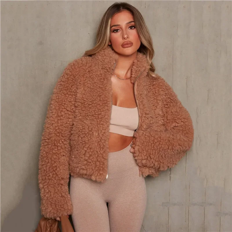 2021 Autumn and Winter Women's New Plush Cardigan Fashion Short Jacket Stand-up Collar Long-sleeved Lamb Wool Coat Women