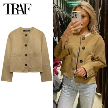 TRAF Suede Jacket Women Spring Outerwears 2025 New In Coats & Jackets Crop O-Neck Button Long Sleeve Coats Chic Elegant Jackets 1