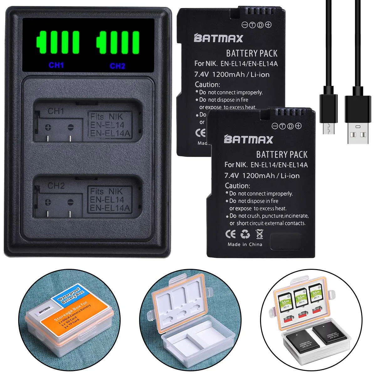 

Batmax 2pc EN-EL14 EN-EL14a Battery+LED Dual Charger for Nikon P7800,P7700,P7100,P7000,D5600,D5300,D5200,D5100,D3100,D3200,D3300