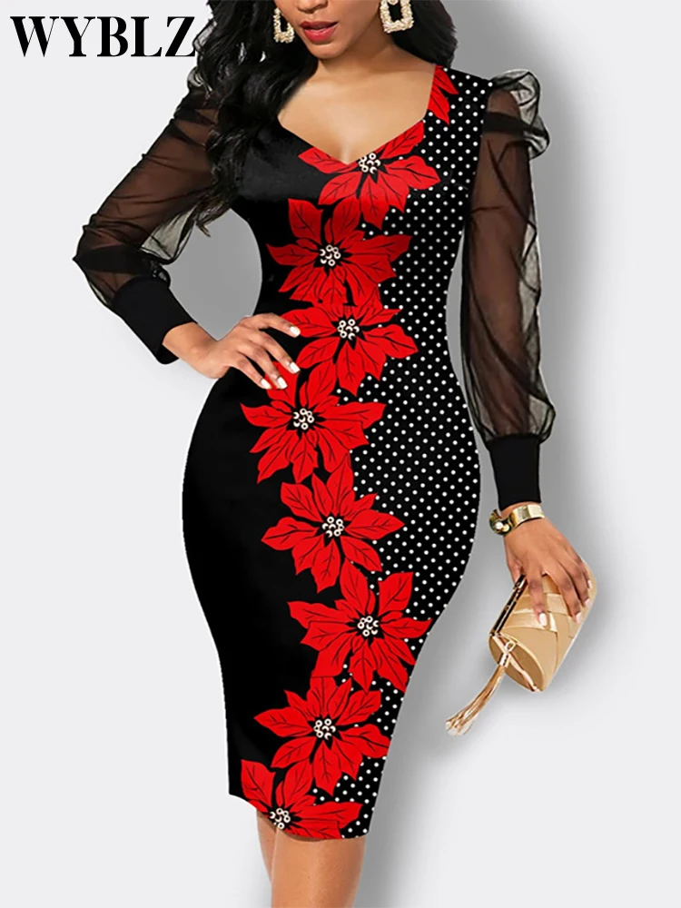 

Sexy Women Dress Elegant Printing Mesh Long Sleeve Dresses Black Spring Mid Elegant Bodycon Club Party Dress